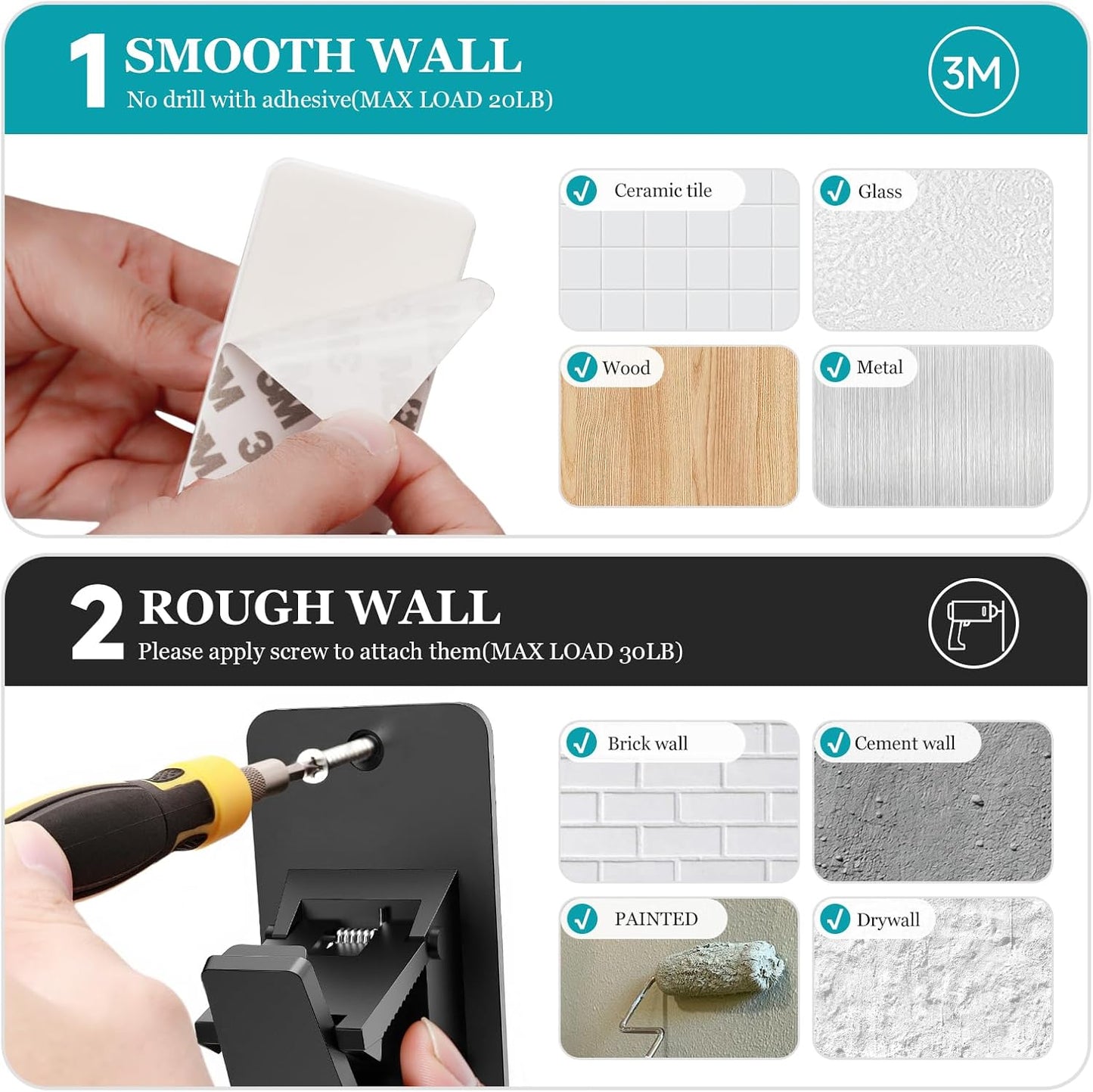 Adhesive No Drill Curtain Rod Brackets - Heavy Duty 30LB Holders for Bathroom Bedroom Kitchen, Universal Damage-Free Window Rod Hooks with Nail-Free Installation (2PC Black)