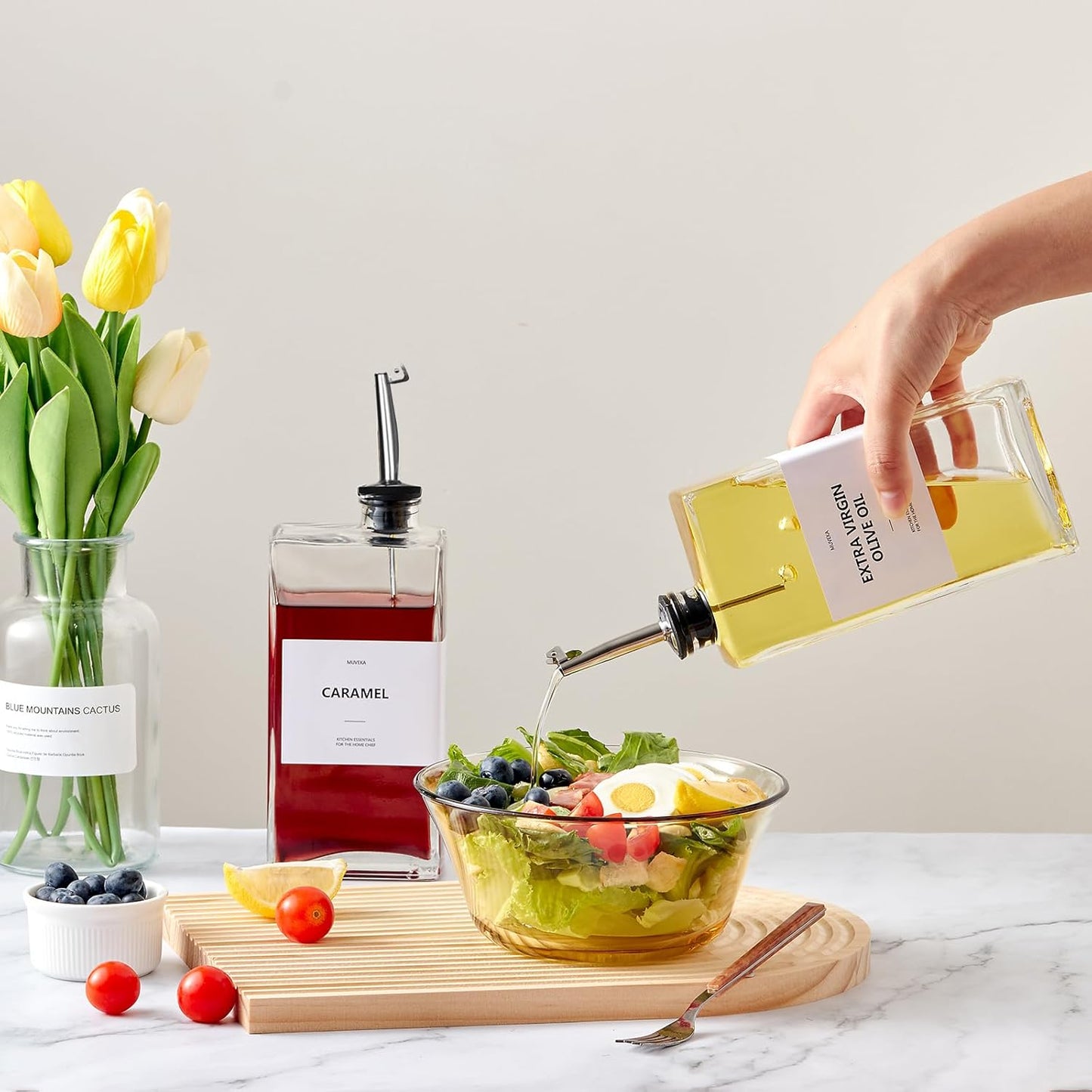 Olive Oil Dispenser Bottle for Kitchen, 16.9 oz/ 500 ml Soy Sauce Dispenser, Cooking Vinegar Dispenser Set, Glass Oil Cruet with 4 Pourer Spouts, Coffee Syrup Dispenser