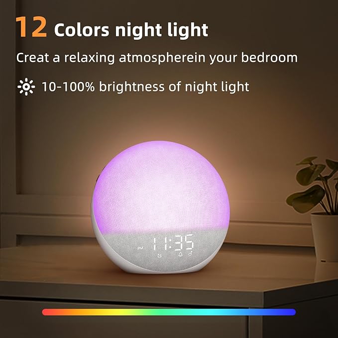 Sunrise Alarm Clock White Noise Machine: Natural Wake Up Light - Dimmable Clock with Bluetooth Speaker for Bedroom - 25 Sleep Sounds for Baby Adults Kids Frost White