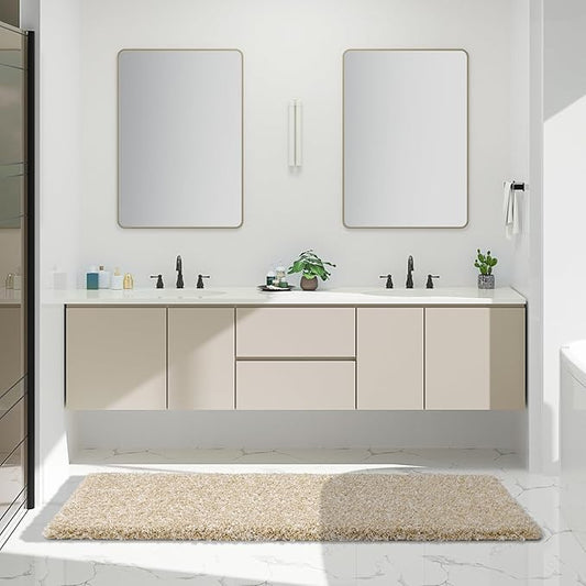 Yimobra Luxury Bathroom Rugs, Fluffy Bath Mats, Non Slip, Water Absorbent Microfiber, Machine Washable, Plush Runner Shower Rugs, Thick Matts for Bathroom Floor/Tub, 70"x 24", Light Beige and White