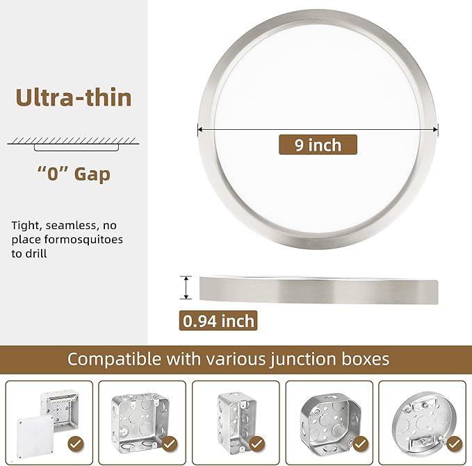 Hlite 4pack 9 Inch Flush Mount LED Ceiling Light Fixture,18W 1800LM Super Slim Light Fixtures Ceiling Mount 3000K/4000K/5000K 3CCT Selectable,Light Fixtures for Kitchen,Bedroom (Brush Nickel)