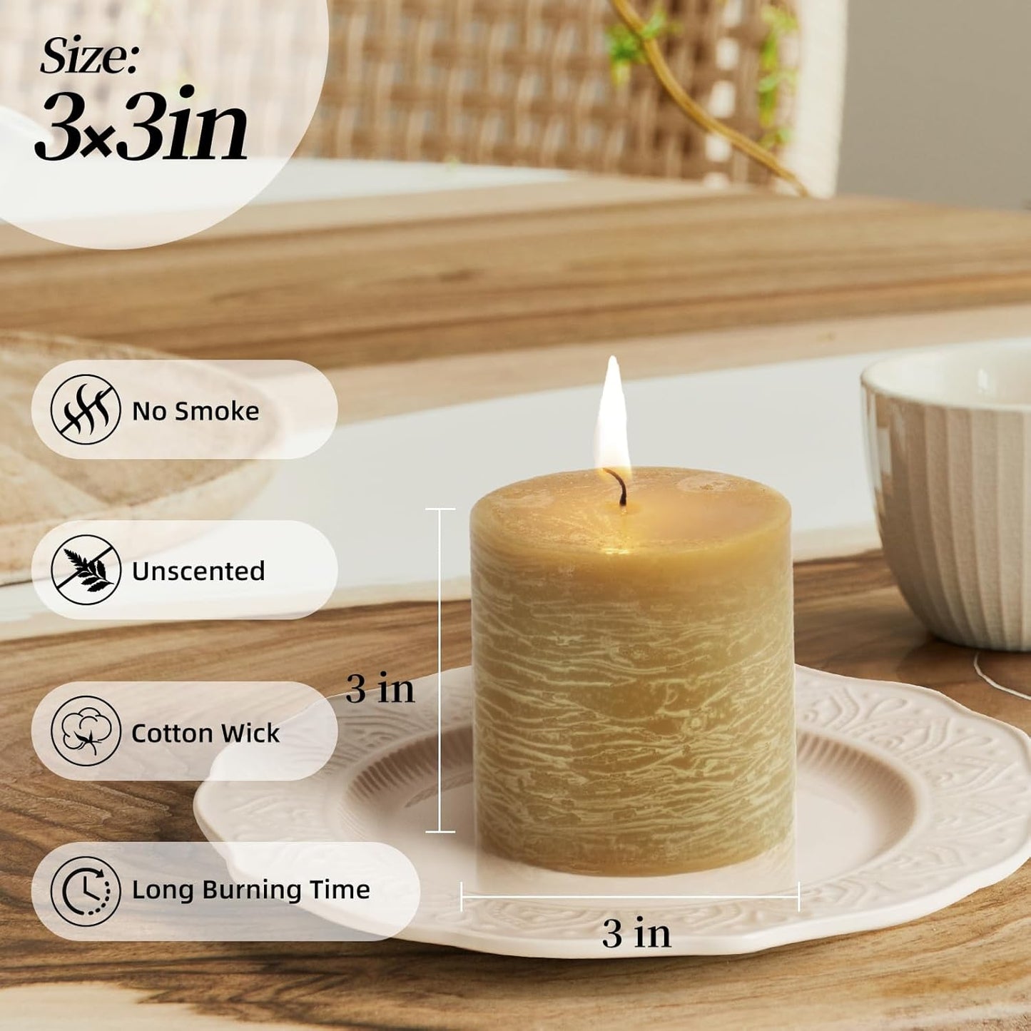 KONNI Wax Yellow Pillar Candles Set of 3, 3"x 3" Unscented Pillar Candles Bulk, 30 Hours Long Burning Candles, Smokeless&Dripless Large Round Candle for Wedding, Home Decoration, Parties, Spas, Dinner