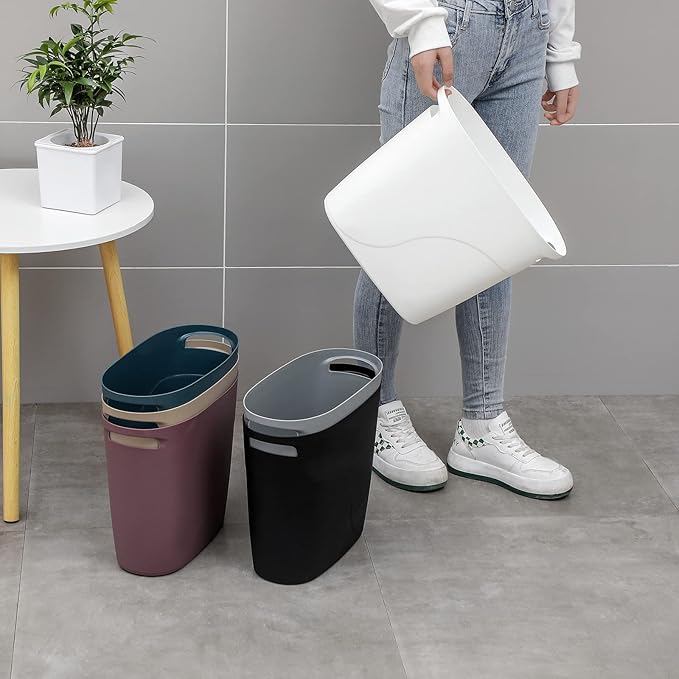 JiatuA Plastic Small Trash Can Slim Waste Basket with Handles 3.2 Gallon Narrow Garbage Container Bin for Bathroom, Bedroom, Kitchen, Home Office Under Desk, Dorm, Laundry Room, Kids Room, Grey