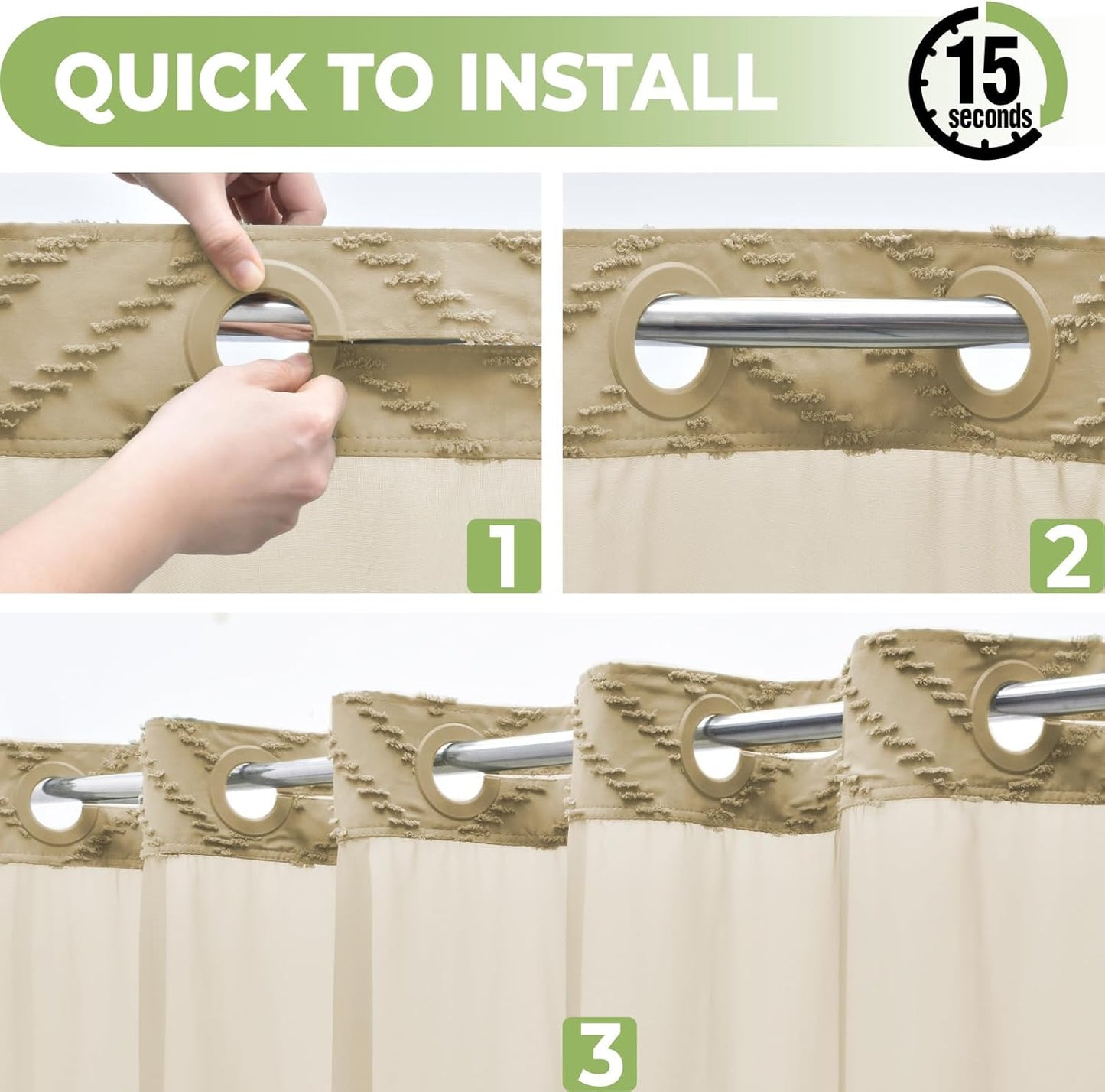 Extra Long No Hook Shower Curtain with Snap in Liner, Tufted Chevron Striped Shower Curtain Set for Bathroom, Boho Waterproof and Washable Shower Curtains,71Wx86H, Khaki