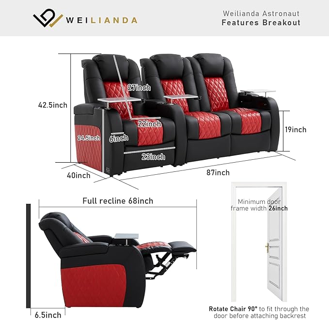 Home Theater Seating, Top Grain Leather Movie Seats Recliner Chair, Zero Gravity Reclining Gaming Sofa with Power Headrest 7 Colors Ambient Lighting 3 Seats Loveseat Right Black Dark Red