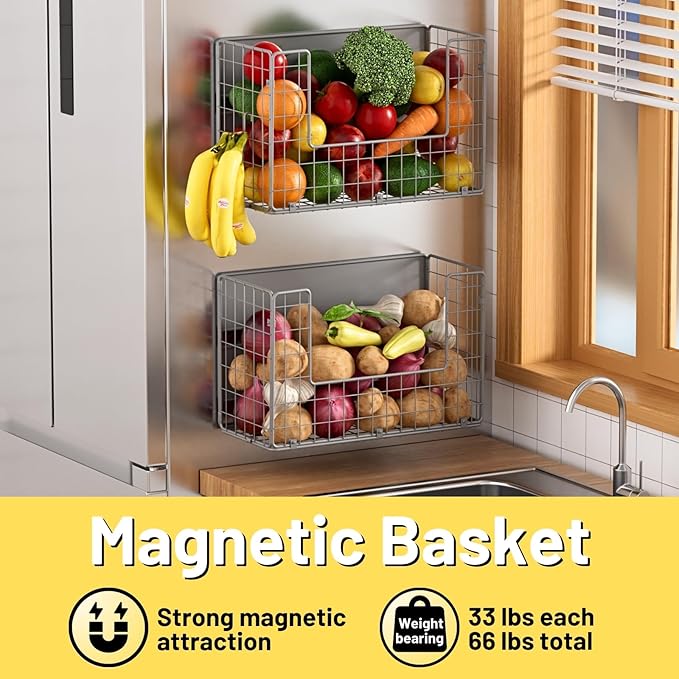 Ofiray-home Magnetic Fridge Shelf, Fruit Potato & Onion Storage Bins, Pantry Organizers, Large Container Basket for Refrigerator, Kitchen Counter, Cabinet (1, Silver)