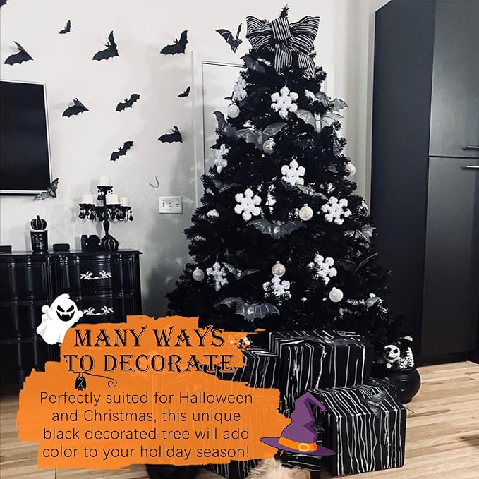 5FT Black Christmas Tree, Small Artificial Halloween Tree with 600 Branch Tips, Xmas Full Tree for Indoor Holiday Carnival Party,Foldable Metal Stand