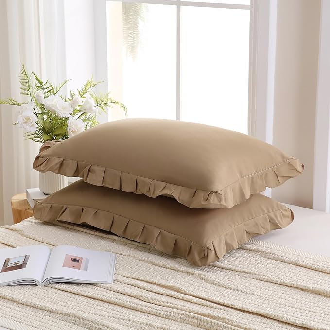 Merryword Taupe Pillowcases King Size Ruffled Pillow Shams Set of 2 Cute Pillowcases Taupe Shabby Chic Pillow Cover 2 Pack