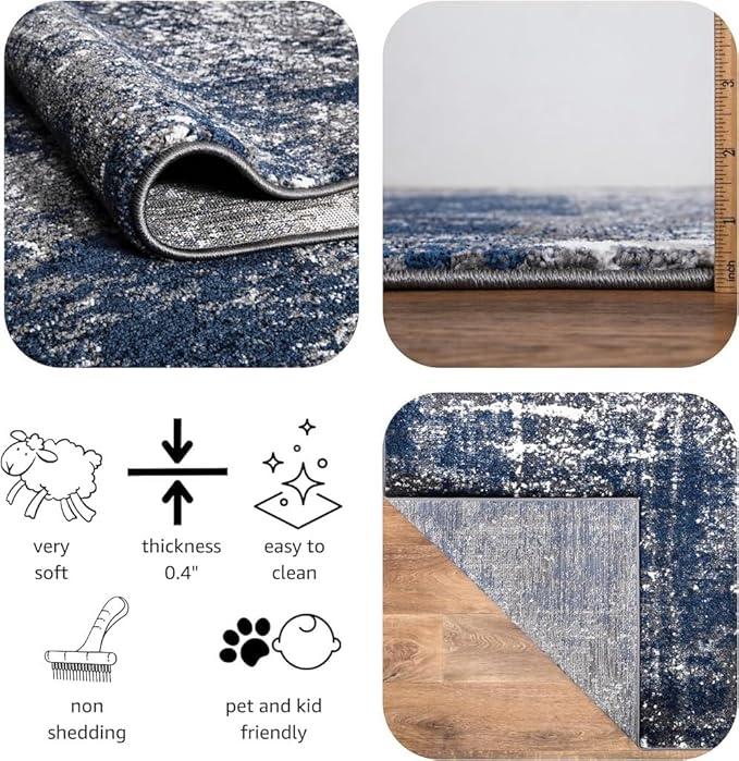 Keen Home Design Area Runner Rugs - 2x10 Non-Shedding, Abstract Runner for Kitchen, Living Room, Bedroom, Dining Room, Entryway - Size: 2'8" x 9'11", Navy/Grey/White