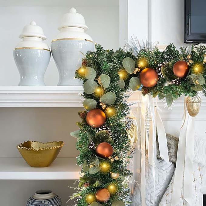 WANNA-CUL Pre-Lit 6 ft/ 72 Inch Christmas Garland with Lights Decoration for Mantle with Copper Gold Christmas Ball Ornaments,Battery Operated 30 LED Lights