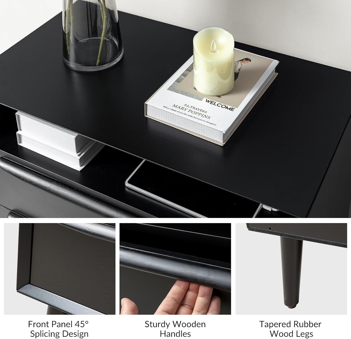 HULALA HOME Nightstand with Charging Station, Mid-Century Modern 2 Drawer and Open Shelf Dresser for Bedroom, Fluted Bedside Table, Black