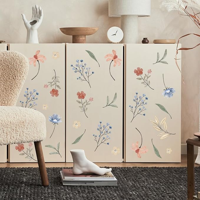 Boho Flower Wall Decals，Watercolor Flower Wall Art，Wildflower Wall Decals，Girls Bedroom Removable Wall Decals (Boho Colorful Flower Wall Decals)