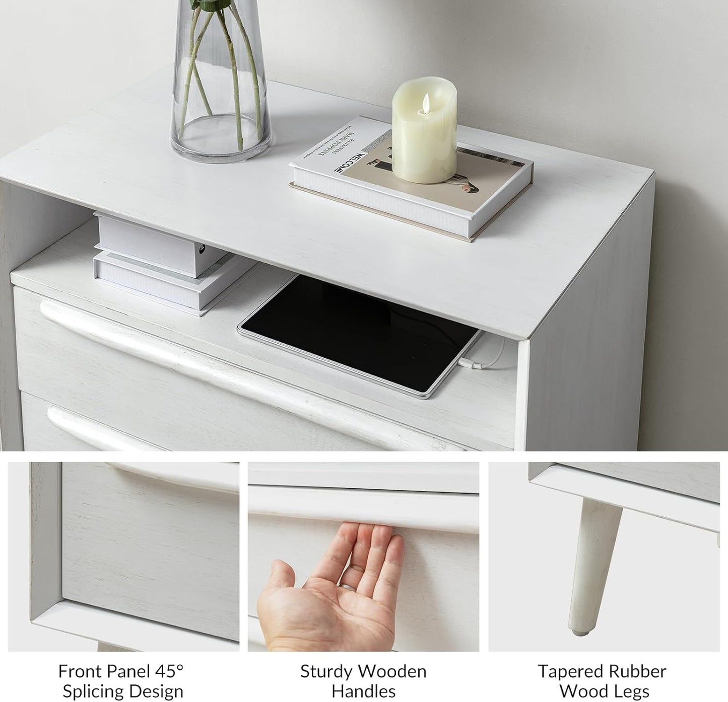 HULALA HOME Nightstand with Charging Station, Mid-Century Modern 2 Drawer and Open Shelf Dresser for Bedroom, Fluted Bedside Table, White