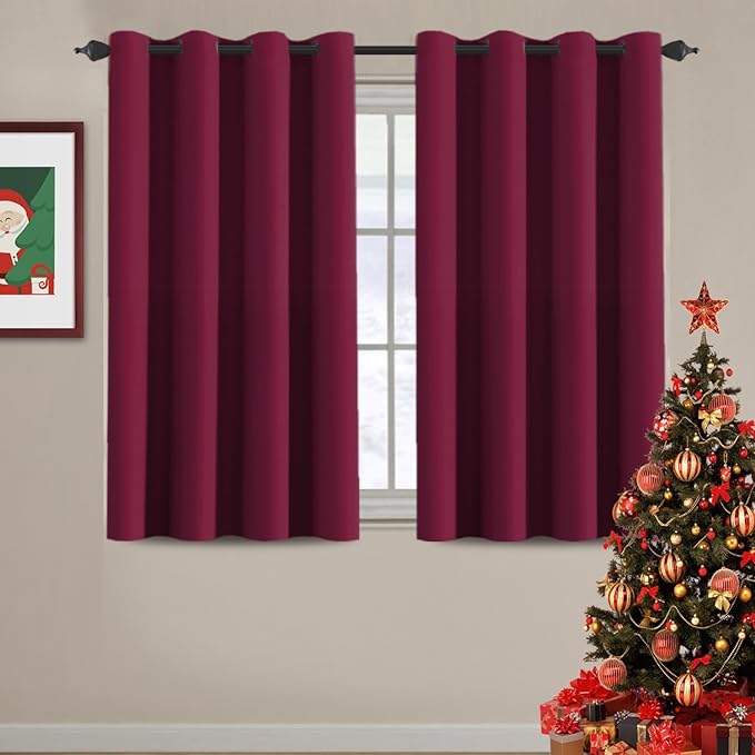 H.VERSAILTEX Blackout Curtains for Christmas Small Window Kitchen Blackout Curtains 45 inch Length Energy Saving Solid Grommet Blackout Drape, One Panel, Burgundy Red, 52" W x 45" L