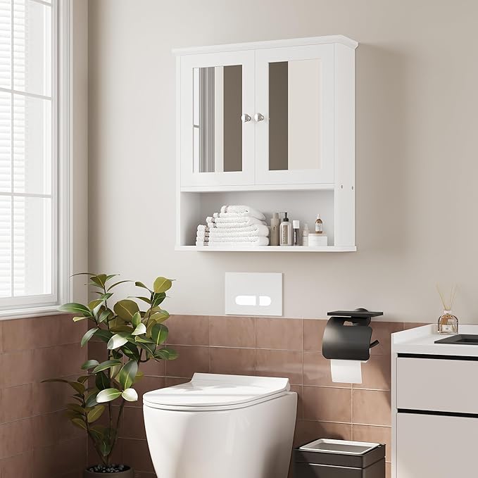 Meilocar Bathroom Wall Cabinet with Mirror, White Bathroom Mirror Cabinet Wall Mounted, Over Toilet Medicine Cabinets with Adjustable Shelf, White