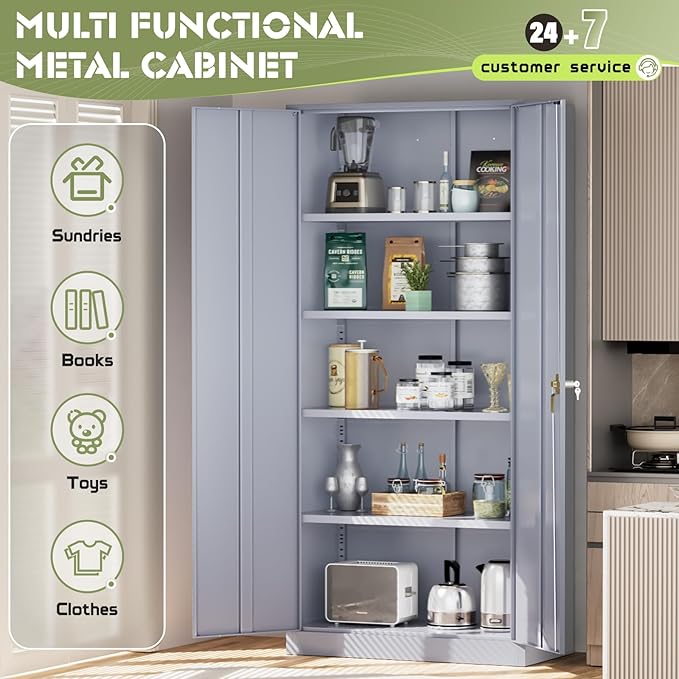 SUNCROWN 72" Metal Storage Cabinet - Heavy-Duty Metal Garage Cabinet with 4 Adjustable Shelves & 2 Doors for Tools, Office, Home, Workshop,Cement Grey-Small