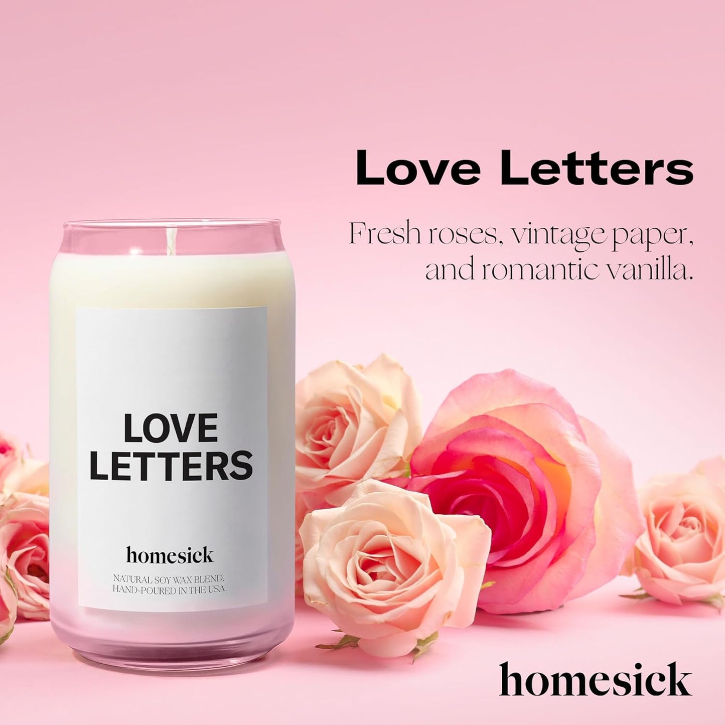 Homesick Scented Candles for Home (Love Letters) - 13.75 oz Natural Long-Lasting Soy Wax Blend Jar Candle Gifts for Women & Men, 60-80 Hours Burn Time - Notes of Rose, Jasmine & Peony