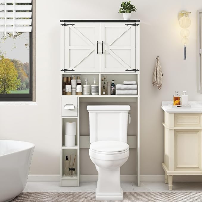 Over The Toilet Storage Cabinet, Farmhouse Storage Cabinet Over Toilet with 2 Barn Doors && Toilet Paper Holder Stand，Home Space-Saving Toilet Rack, for Bathroom, Laundry, Restroom.