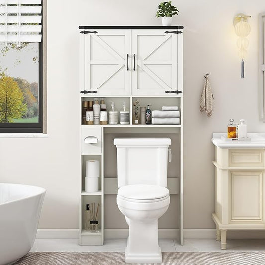 Over The Toilet Storage Cabinet, Farmhouse Storage Cabinet Over Toilet with 2 Barn Doors && Toilet Paper Holder Stand，Home Space-Saving Toilet Rack, for Bathroom, Laundry, Restroom.