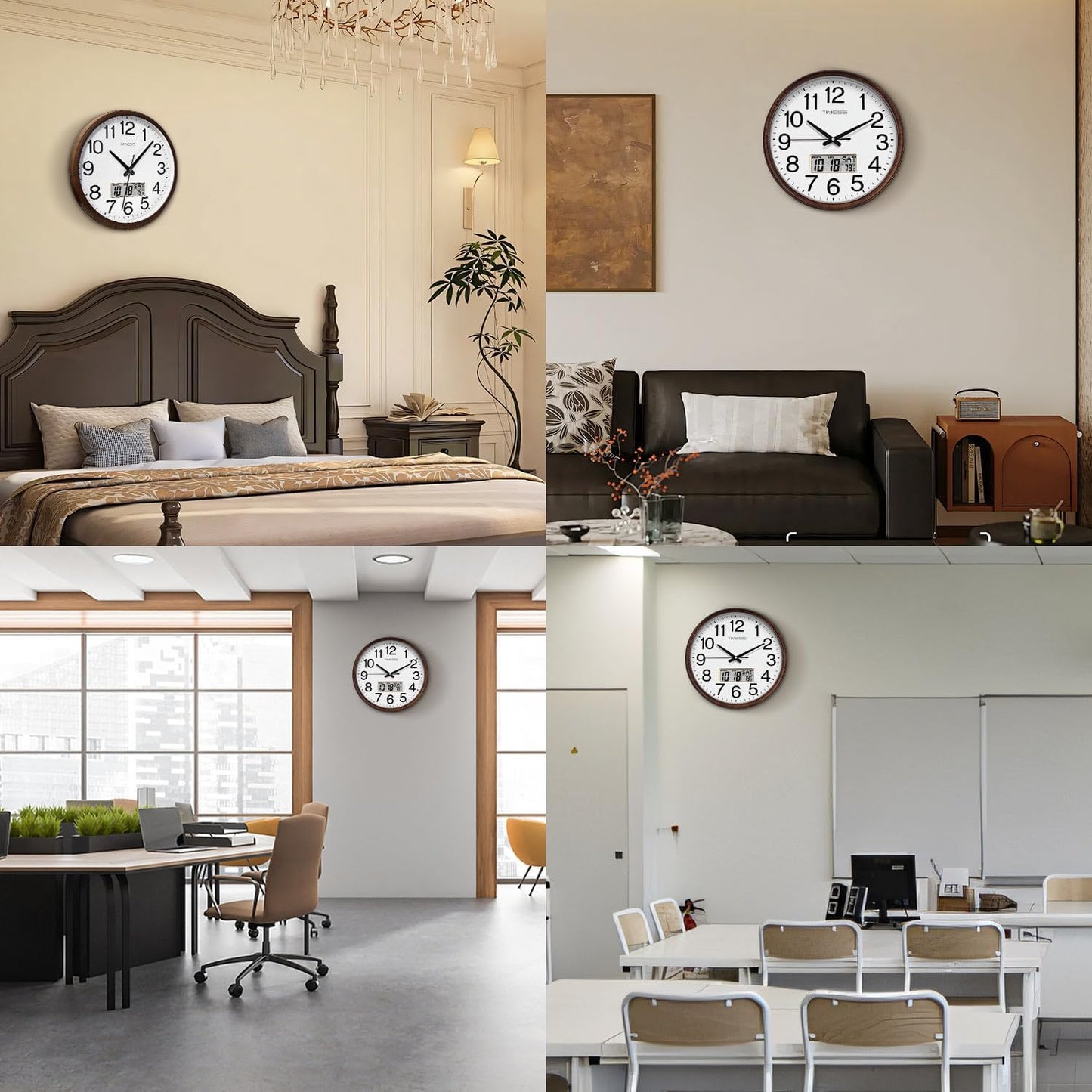 Wall Clock, Classic Wood Style Finish, 11 Inch Non-Ticking Silent Battery Operated Quartz Analog with Perpetual Calendar and F° Temperature Display, Home, Office Décor (Wood Brown)