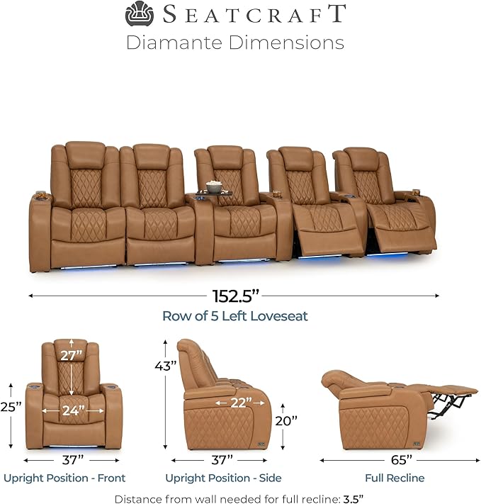 Seatcraft Diamante Zero-Gravity CoolZero Italian Leather Home Theater Seating, Power Headrest, Power Recline, Row of 5 Left Loveseat, Tan Oak