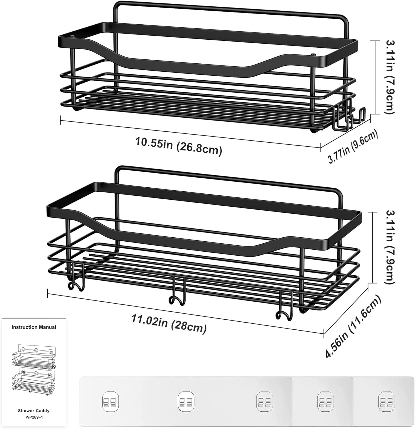 Orimade Shower Caddy Basket Shelf Storage Rack, No Drilling Wall Mounted Adhesive Rust Proof Stainless Steel Shower Organizer with 5 Hooks for Bathroom, Black 2 Pack