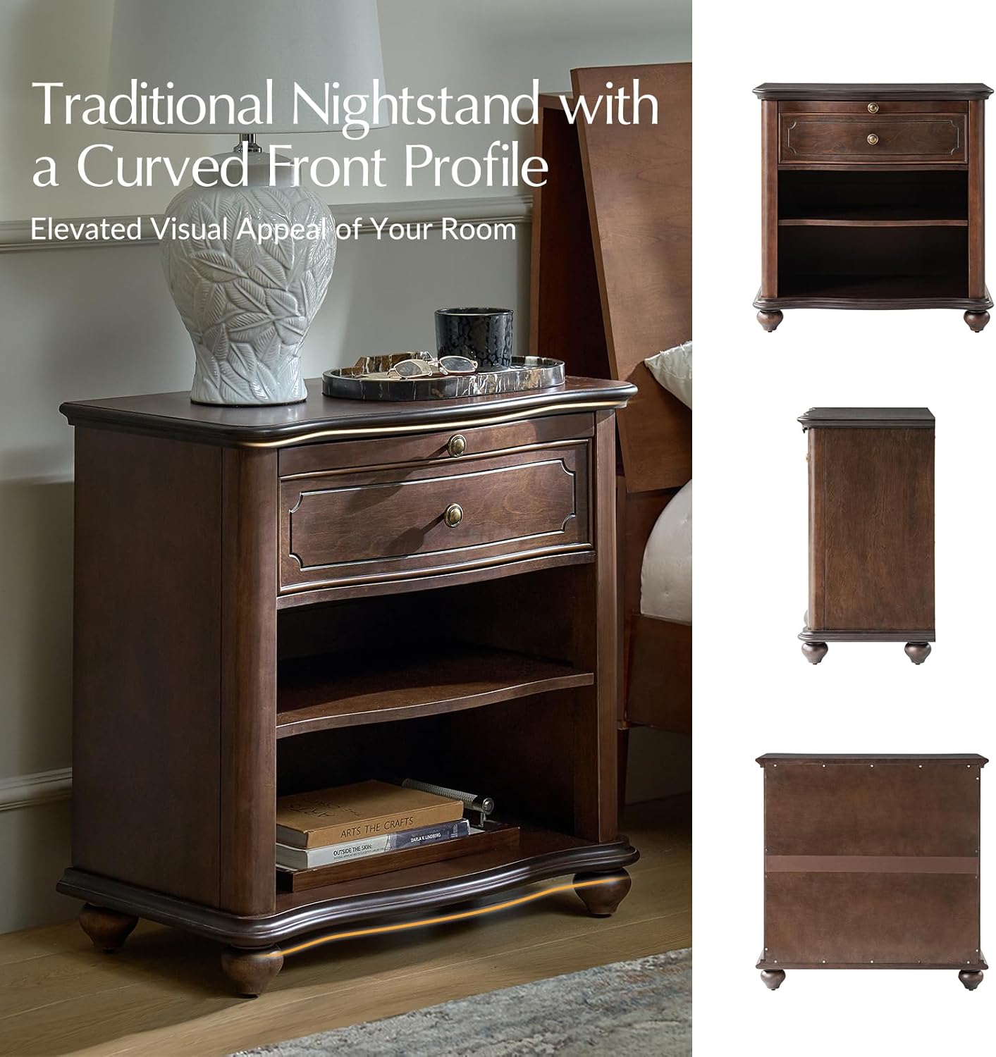 HULALA HOME Wooden Nightstand with Pull-Out Shelf, Mid Century Modern Nightstand with Solid Wood Drawers and Legs, Adjustable Storage Set of 2, Walnut