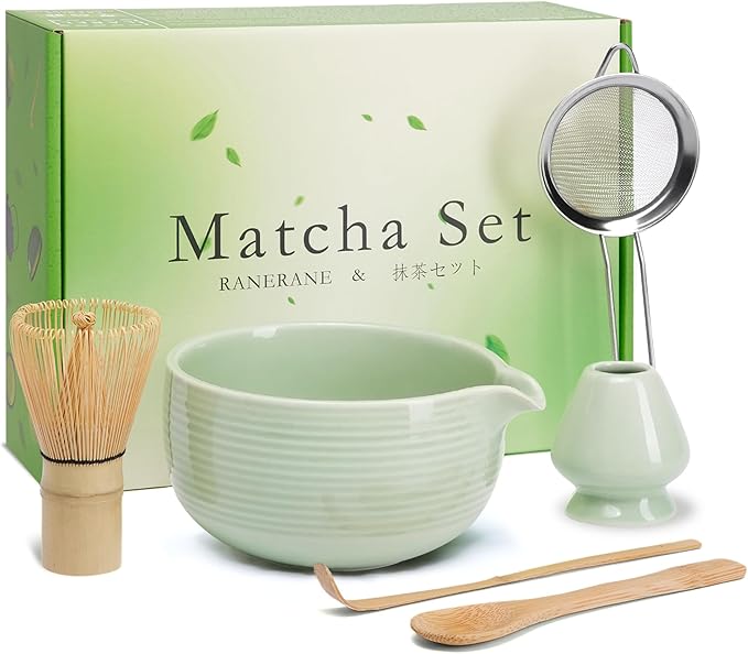Matcha Whisk Set, Ceramic Matcha Set Includes Matcha Bowl, Matcha Whisk (Chasen) and Holder, Sifter, Bamboo Scoop & Spoon - 6 Pcs Matcha Kit for Matcha Lovers Cyan