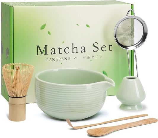 Matcha Whisk Set, Ceramic Matcha Set Includes Matcha Bowl, Matcha Whisk (Chasen) and Holder, Sifter, Bamboo Scoop & Spoon - 6 Pcs Matcha Kit for Matcha Lovers Cyan