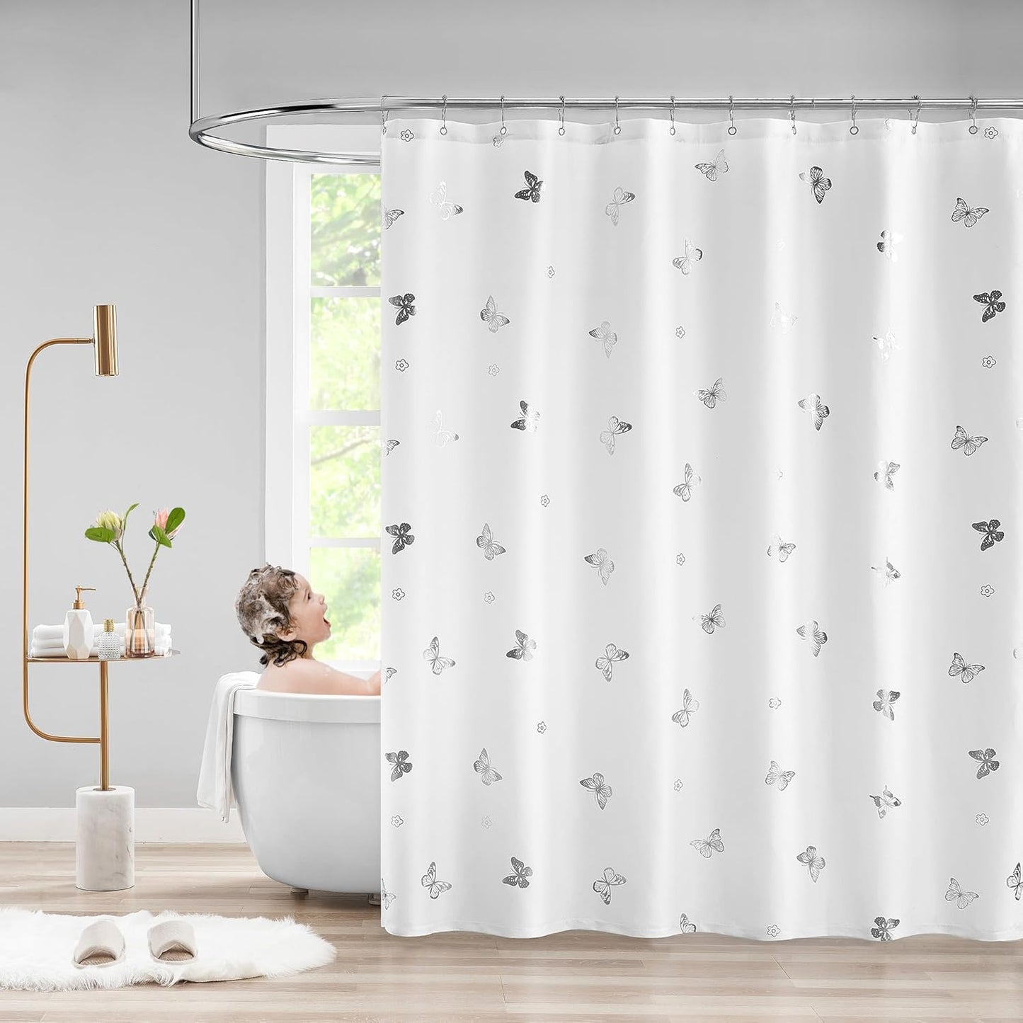 Jubilantex Butterfly Shower Curtain for Bathroom, White Silver Print Farmhouse Waterproof Bathroom Decorative Rustic Kids Shower Curtain with 12 Rust Proof Grommets for Spa Hotel, 70x72 Inches