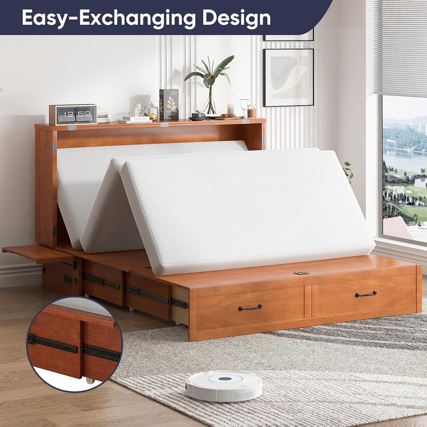 ijuicy Chest Murphy Bed Queen, Murphy Cube Cabinet Bed with 3 Level Foldable Memory Foam Mattress, 2 Large Drawers and Charging Station for Guests Room/Bedroom(Caramel Red)