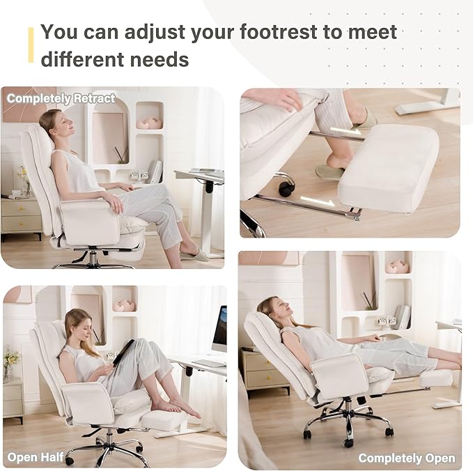 High Back Office Chair, Velvet Shaking Home Office Chairs with Double Layer Cloud Cushion and Retractable Footrest, Adjustable Backrest Women Office Chair, Makeup Chairs for Bedroom (Beige)