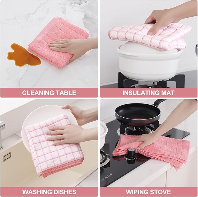 Homaxy Premium Cotton Kitchen Towels 16"x 28", Large Natural Ring Spun 390 GSM Dish Towels, Super Absorbent Terry Kitchen Hand Towels, Soft Tea Towel with Hanging Loop, Pink Check Design, 6 Pack