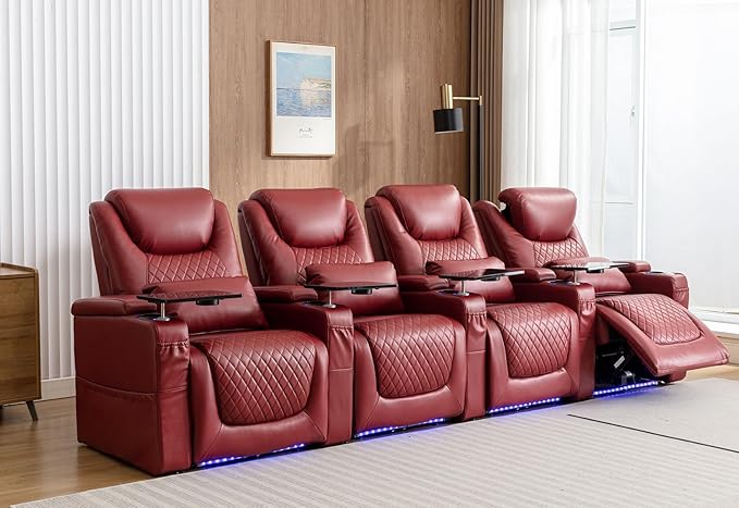 Home Theater Seating Seats, Theater Recliner Chair Sofa Game Movie Theater Chairs with 7 Colors Ambient Lighting, Lumbar Pillow, Side Pocket, Tray Table, Power Recline, Red