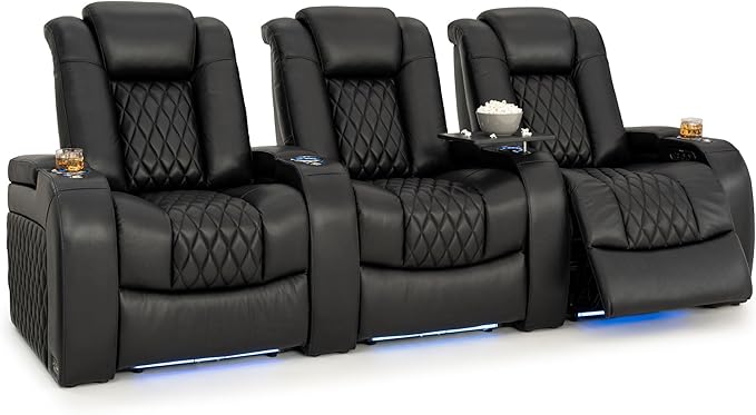 Seatcraft Diamante Zero-Gravity CoolZero Italian Leather Home Theater Seating, Power Headrest, Power Recline, Row of 3, Black