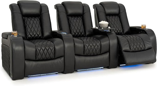 Seatcraft Diamante Zero-Gravity CoolZero Italian Leather Home Theater Seating, Power Headrest, Power Recline, Row of 3, Black