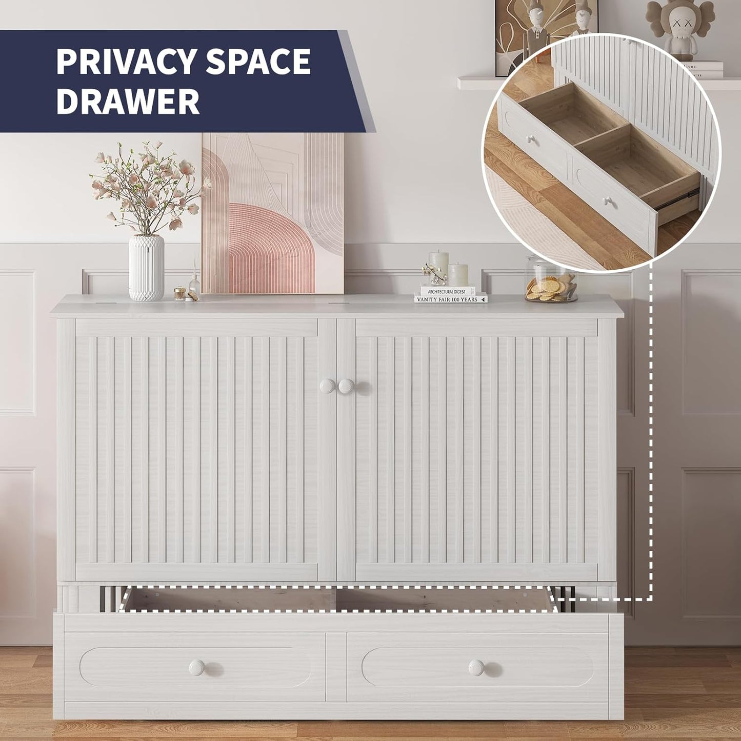 ijuicy Murphy Bed Queen Size with Foam Mattress, Side Storage Board, Cabinet Bed with Charging Station Large Storage Drawer for Space-Saving Room, Foldable Hideaway-White