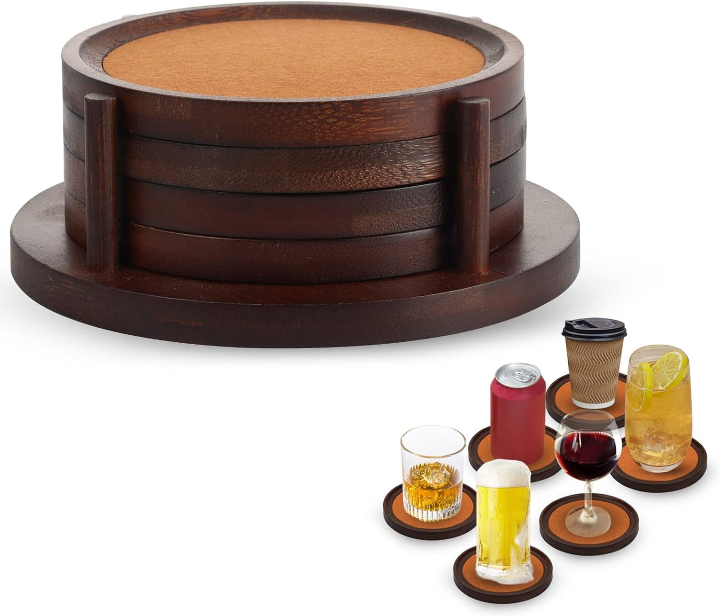 MinBoo Bamboo Coasters for Coffee Table Set of 4 Coasters for Drinks Absorbent with Holder Coffee Table Decor for Tabletop Protection Gifts for House Warming New Home & Wedding (Brown 4Pcs)