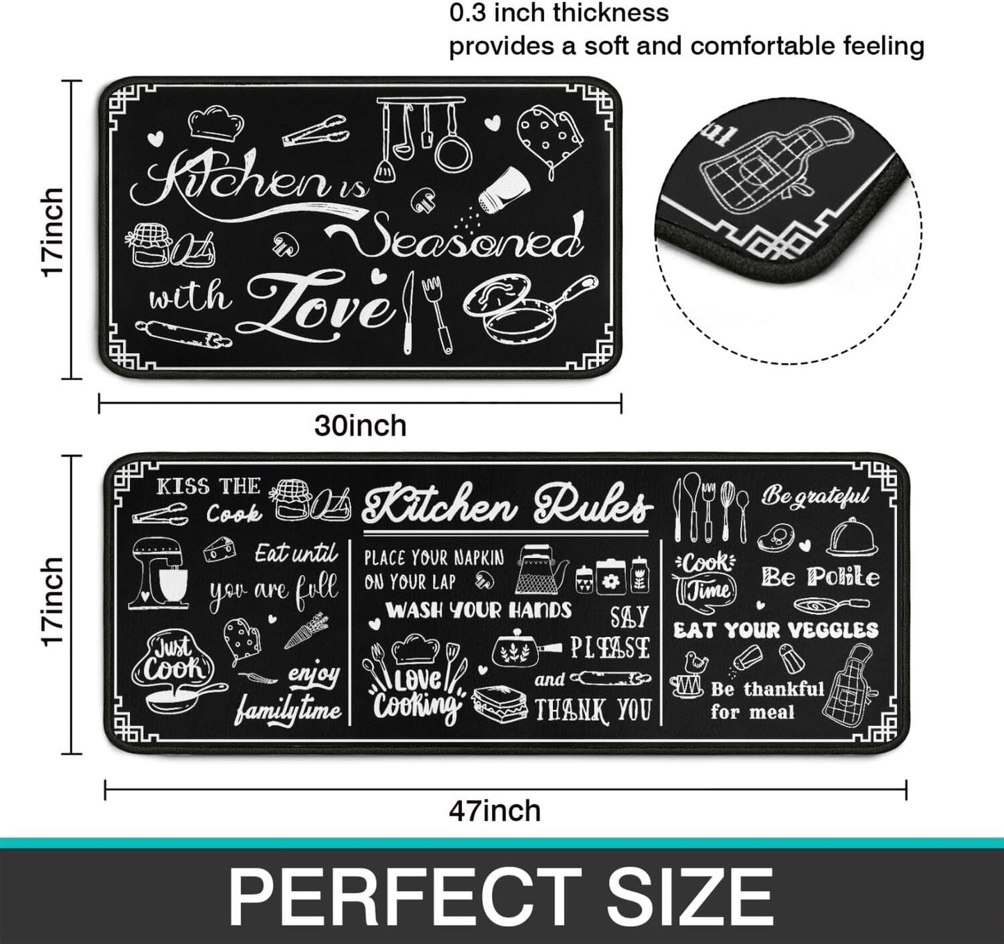 Black and White Kitchen Rugs Kitchen Decor Rugs Set Kitchen Rules Theme Non Skid 2 Piece Kitchen Mats For Floor Washable Absorbent Microfiber Kitchens Accessories Decoration Floor Mats 17"x47"+17"x30"