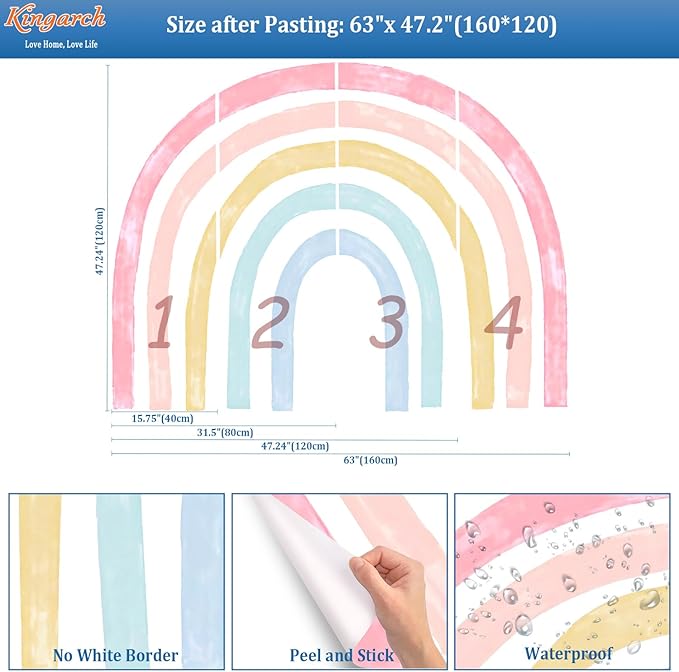 Large Watercolor Rainbow Wall Decals, Colorful Peel and Stick Fabric Nursery Wall Decor, Removable Home Room Wall Decor Murals Stickers for Kids Girls Toddler Bedroom Living Room Playroom