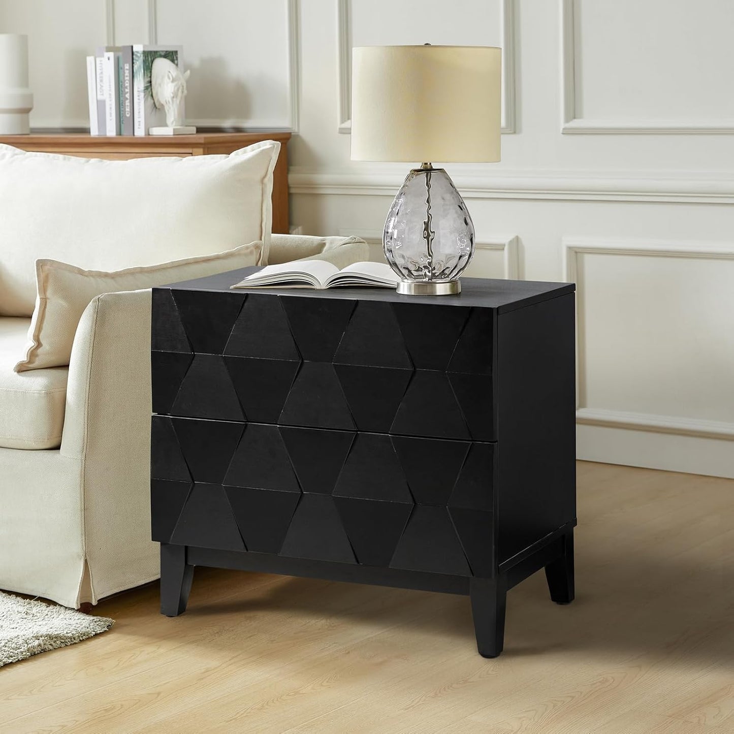 HULALA HOME Wood Nightstand with Charging Station 2 Drawer Dresser with Wooden Legs Mid Century Modern Bedside French Style End Table for Bedroom, Black