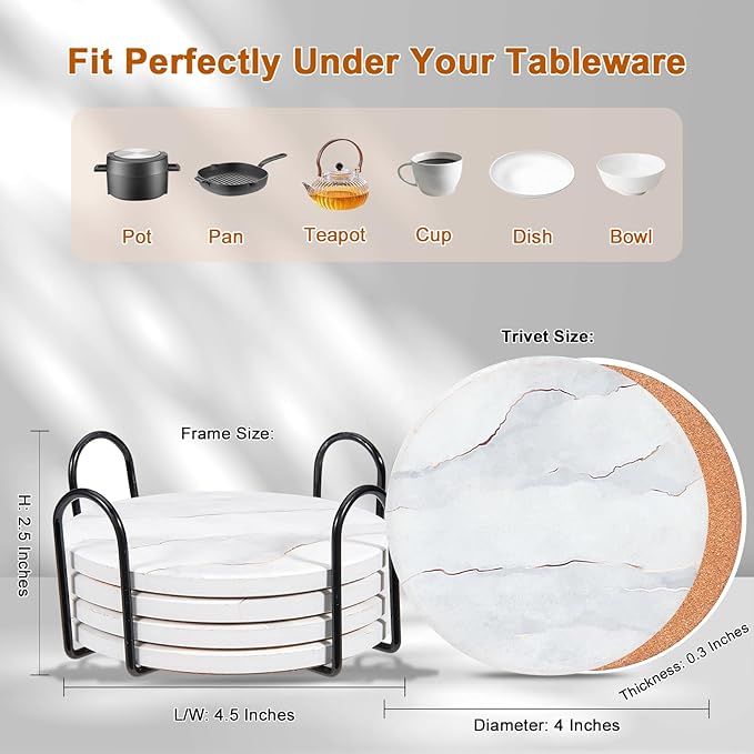 6-Pcs 4'' Ceramic Marble Style Trivet with Holder, Absorbent Trivets for Hot Dishes, Cork Bottom Anti-Slip Trivet Mats for Hot Pots and Pans