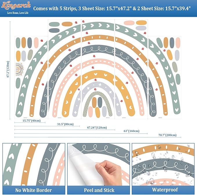 Large Cute Rainbow Wall Decals, Boho Sun Peel and Stick Fabric Nursery Wall Decor, Removable Home Room Wall Decor Murals Stickers for Kids Girls Toddler Bedroom Living Room Playroom