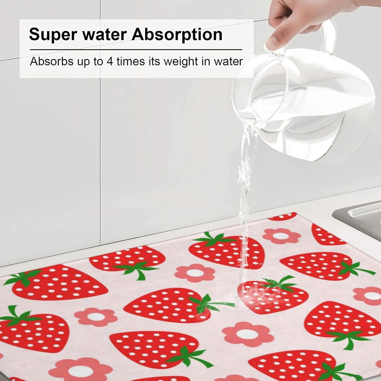 Pink Strawberry Dish Drying Mat 18x24 For Kitchen Counter Absorbent Microfiber Dishes Pad Dish Drainer Rack Mats Fast Dry Kitchen Accessories