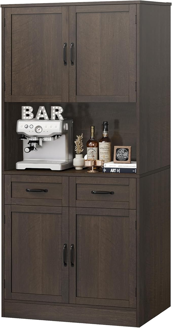 HOSTACK 71“ Tall Kitchen Pantry Storage Cabinet, Modern Kitchen Hutch Bar Cabinet with Microwave Stand, Wood Buffet Sideboard with Hutch, Cupboard with Drawers, Shelves for Dining Room, Dark Brown
