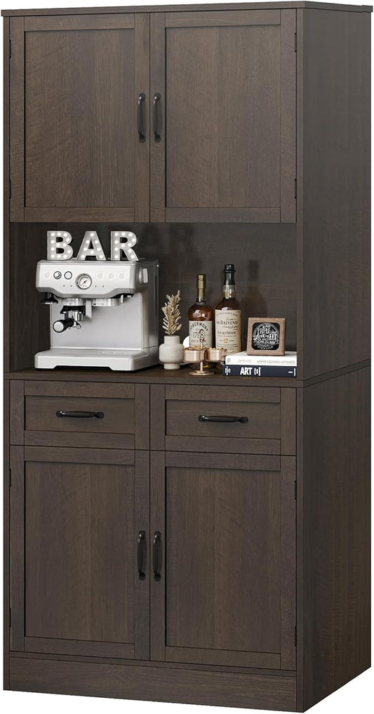 HOSTACK 71“ Tall Kitchen Pantry Storage Cabinet, Modern Kitchen Hutch Bar Cabinet with Microwave Stand, Wood Buffet Sideboard with Hutch, Cupboard with Drawers, Shelves for Dining Room, Dark Brown
