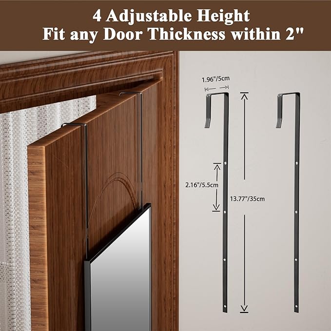 16" x 50" Adjustable Height Over The Door Mirror - Rectangular Full Length Hanging Door Mirror with Shatterproof Tempered Glass Black Metal Frame for Dormitory