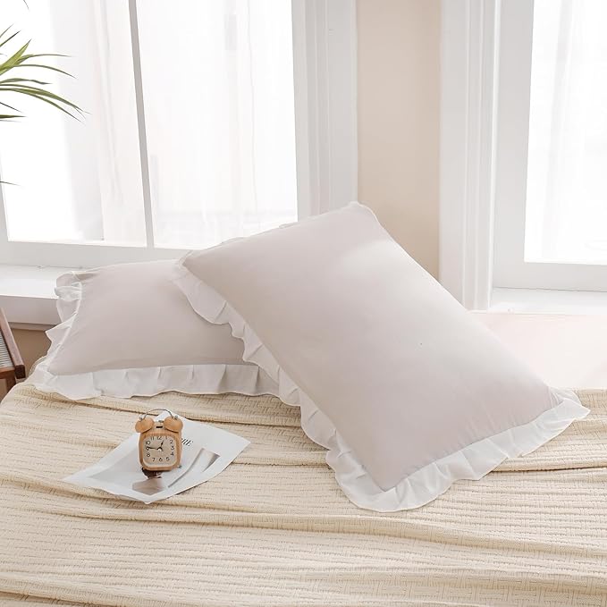 Merryword Beige Pillow Shams Beige and White Reversible Queen Pillowcases Cute Pillow Cover Set of 2 Soft Shabby Chic Ruffled Pillowcases 2 Pack (Queen (20''x30''), Beige White)