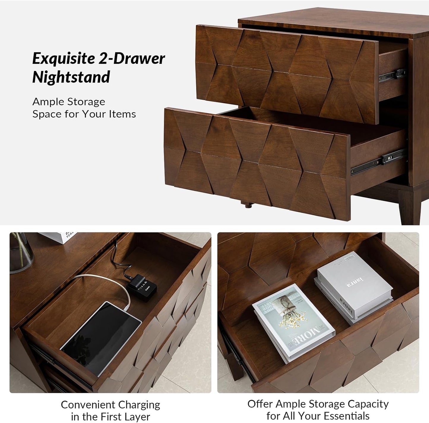 HULALA HOME Wood Nightstand with Charging Station 2 Drawer Dresser with Wooden Legs Mid Century Modern Bedside French Style End Table for Bedroom, Walnut