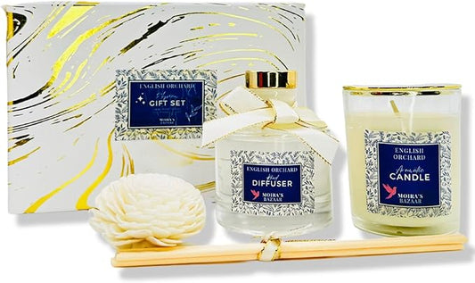 Moira's Bazaar Elysian Essence Aromatherapy Gift Set – Luxury Candle and Flower Reed Diffuser – Perfect Scented Gift for Women, Sophisticated Scent, Home & Bath Decor (English Orchard)